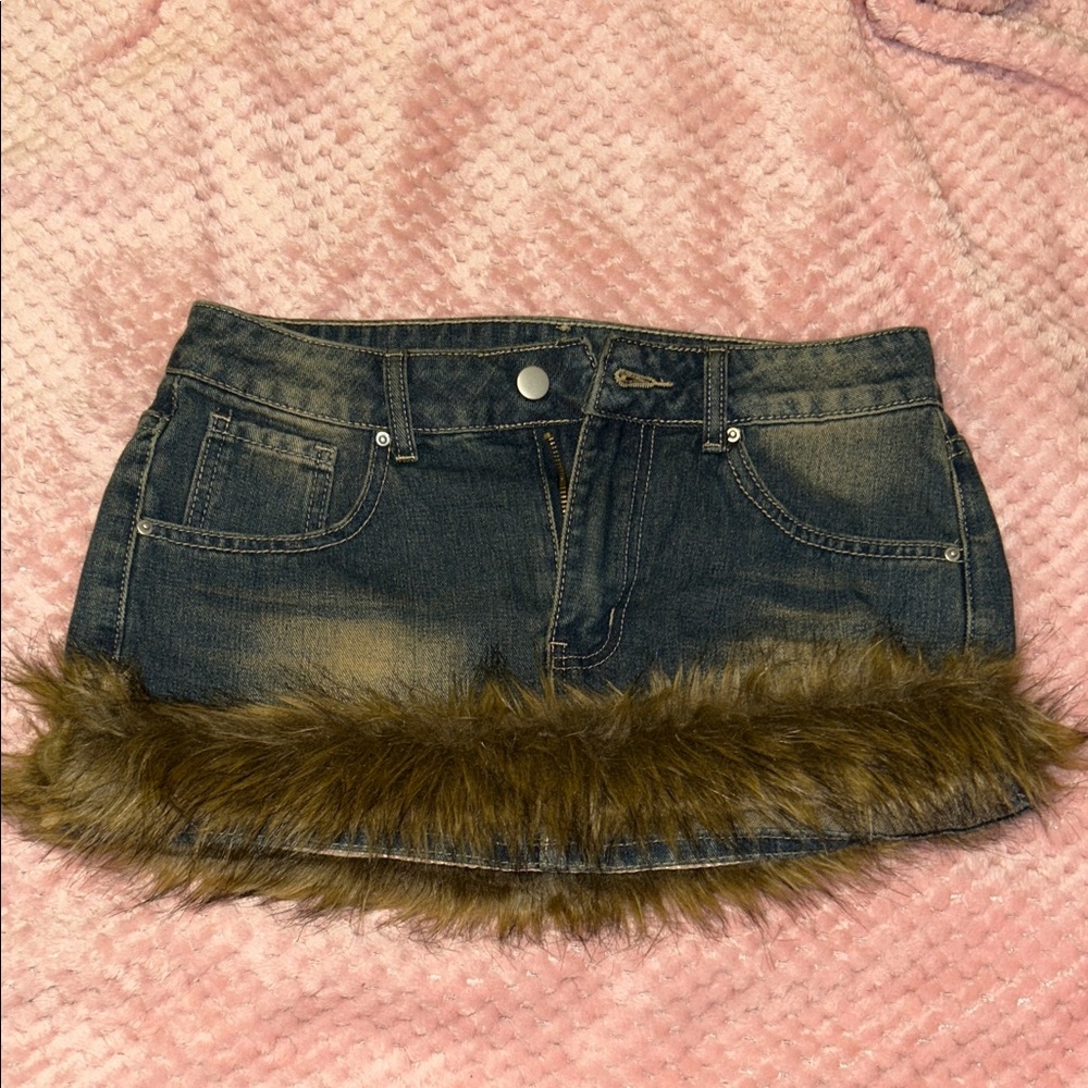 Chic Denim Mini Skirt with Faux Fur Hem